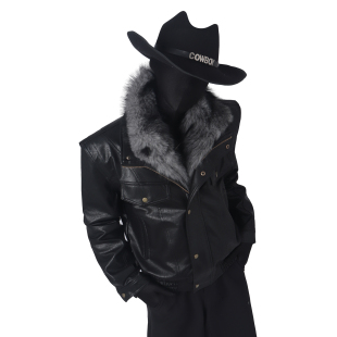 Black Clothes重磅座山雕加厚皮衣短款个性可拆卸毛领保暖夹克潮