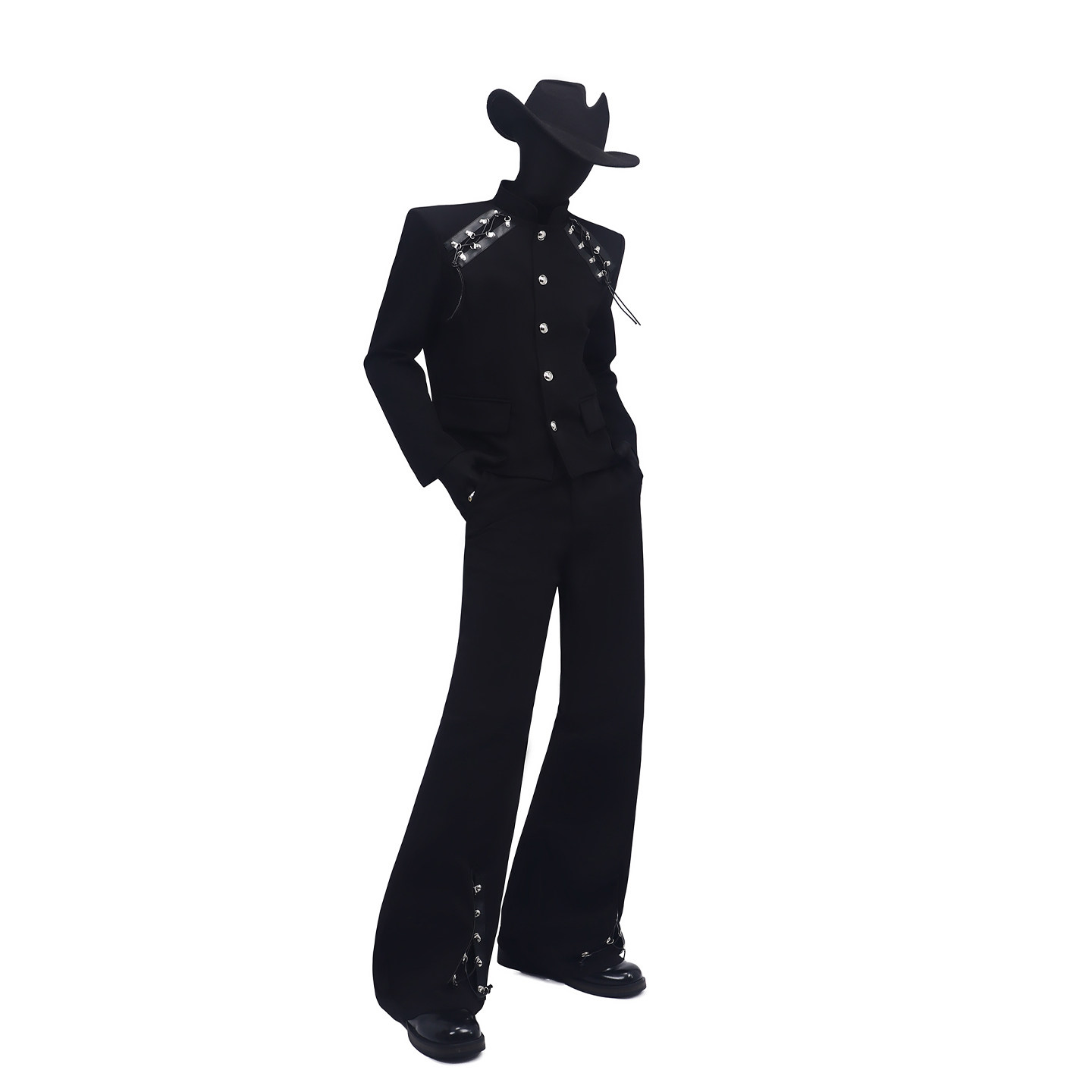 BlackClothes小众拼皮绑带立领西装外套男短款西服套装西裤两件套