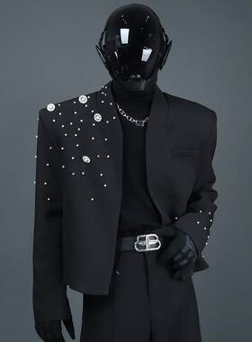 黑色短款小众重工钉珠镶钻西服