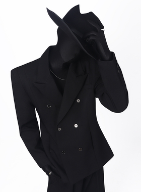 BlackClothes高定挺阔收腰驳领长袖西服外套个性翘肩黑西装男生潮