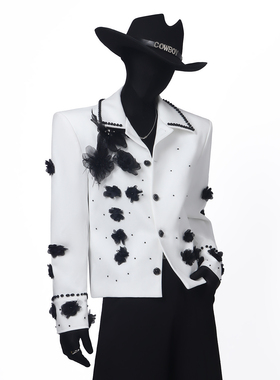 BlackClothes轻奢立体花朵珍珠镶钻短款西服外套个性舞台风西装潮