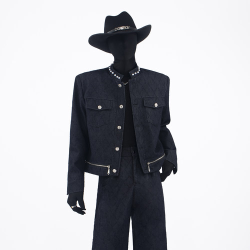 百搭青少年拼接牛仔长裤西服短款