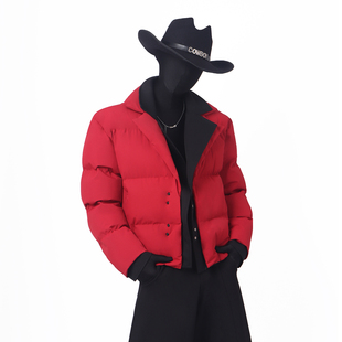 BlackClothes个性翻领短款棉衣男加厚宽松假两件红色棉服外套高级