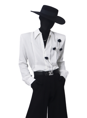 BlackClothes个性长袖衬衫小众金属胸花链条设计宽松垂感痞帅上衣