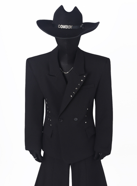 BlackClothes小众收腰设计感立体廓形垫肩纯色西装双排扣休闲西服