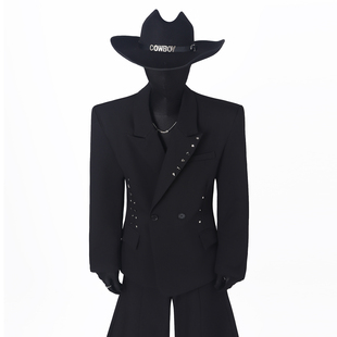 BlackClothes小众收腰设计感立体廓形垫肩纯色西装双排扣休闲西服