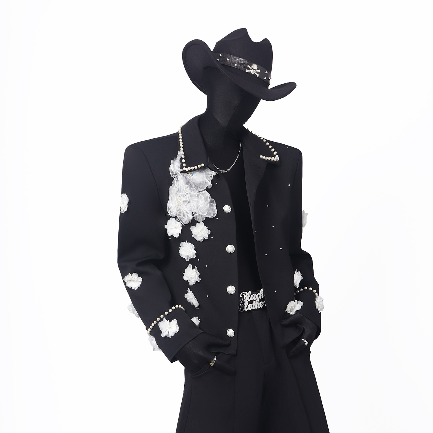 Black Clothes轻奢珍珠小香风外套男立体花朵翻领短款夹克垫肩男