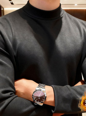 加绒加厚半高领打底衫男深灰色双面德绒保暖J内搭发热长袖T恤澳绒