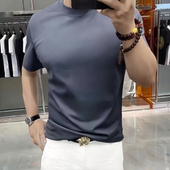 丝滑中青年厚冰丝半袖 T恤灰色丝光棉修身 体恤 短袖 高级感圆领男士