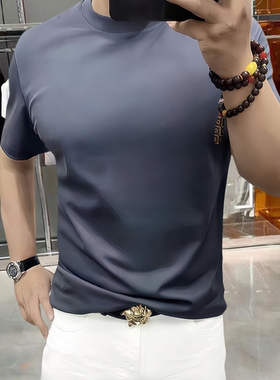 高级感圆领男士短袖T恤灰色丝光棉修身丝滑凉感显瘦冰丝半袖体恤