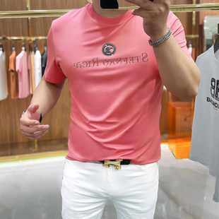 痞帅圆领T恤男短袖玉蚕丝修身老鹰薄丝光棉青年丝滑弹力丝滑半袖