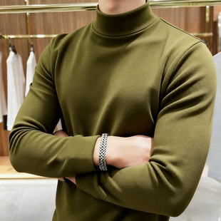 双面德绒打底衫男高领加厚内搭澳绒发热保暖T绿色长袖加绒t恤磨毛