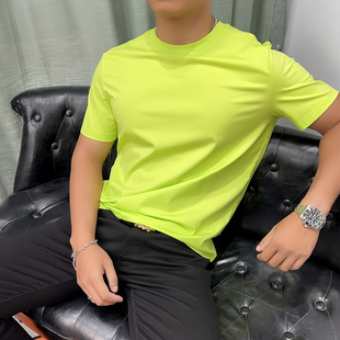 荧光绿帅气T恤男士 圆领修身 夏天滑料亮色免烫冰丝光棉打底衫 短袖