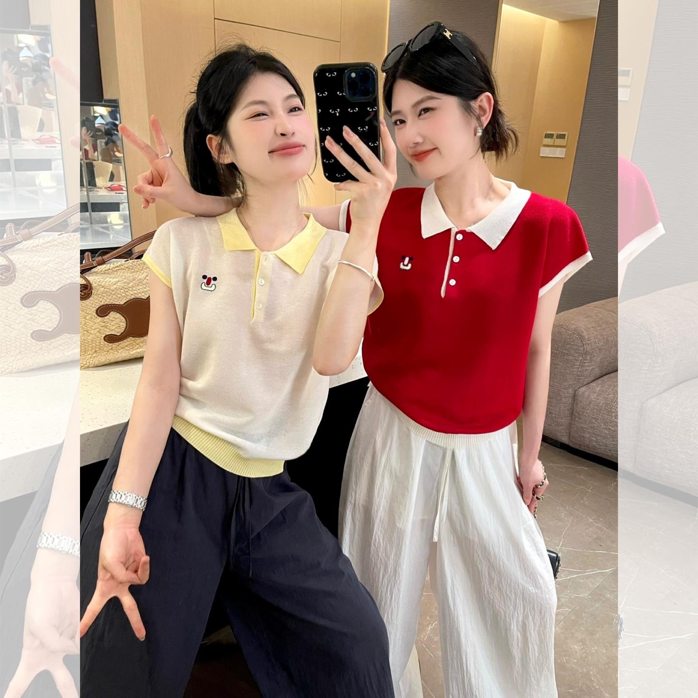 清仓捡漏品牌撤柜韩系针织冰丝短袖POLO衫T恤女夏季短款翻领上衣