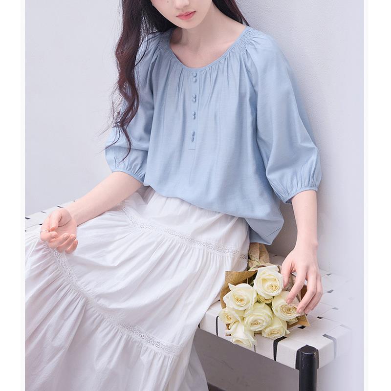 蓝色中袖衬衫女圆领上衣女夏季2025新款小众宽松休闲减龄通勤衬衣