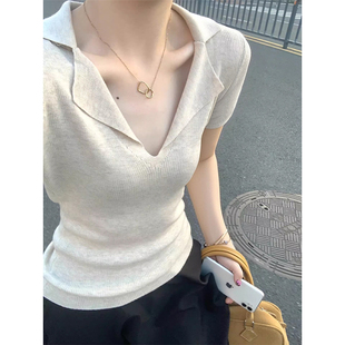 清仓捡漏品牌撤柜v领老钱风短袖 女修身 t恤夏季 翻领冰丝针织polo衫