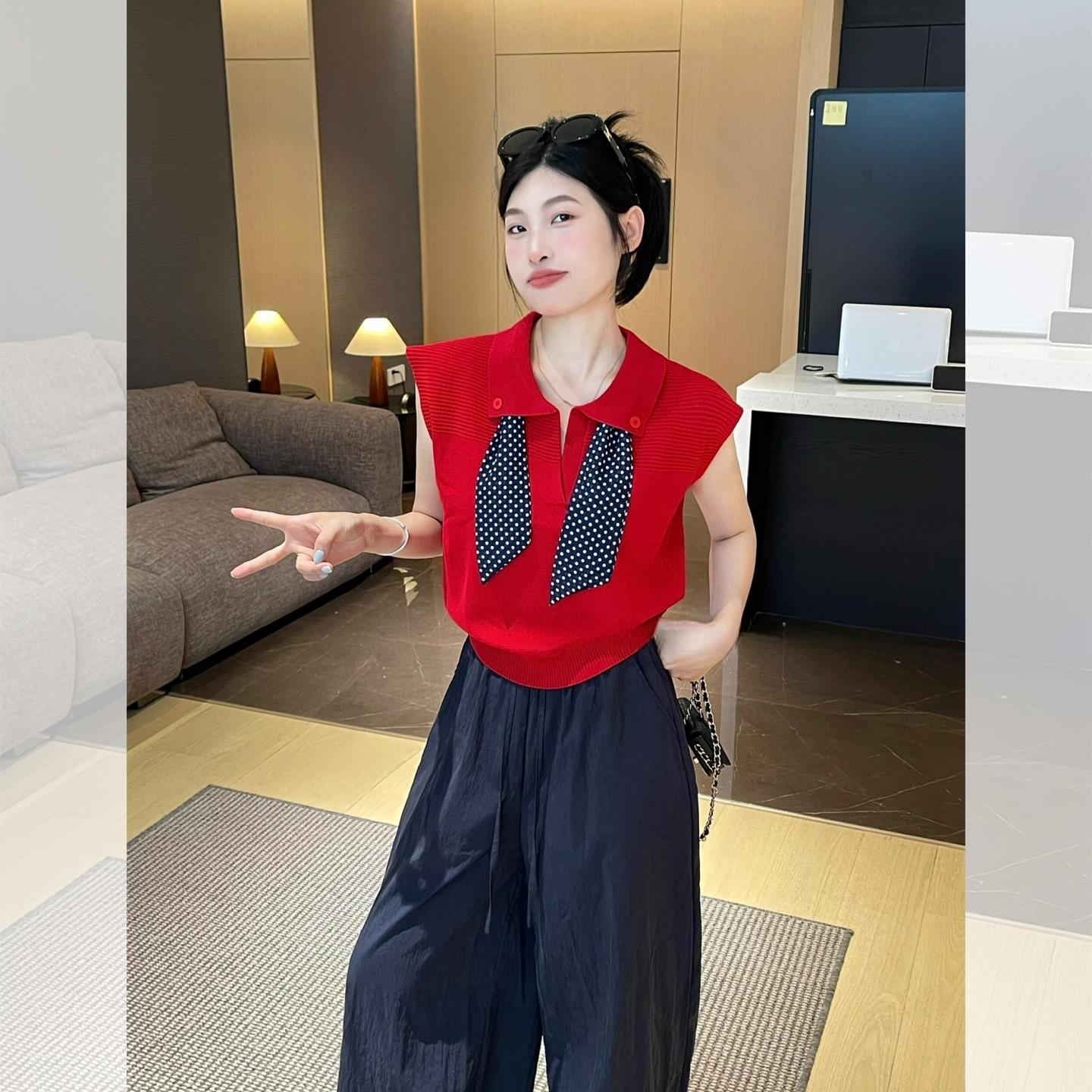 清仓捡漏品牌撤柜红色针织冰丝正肩短袖POLO衫T恤女夏季短款上衣
