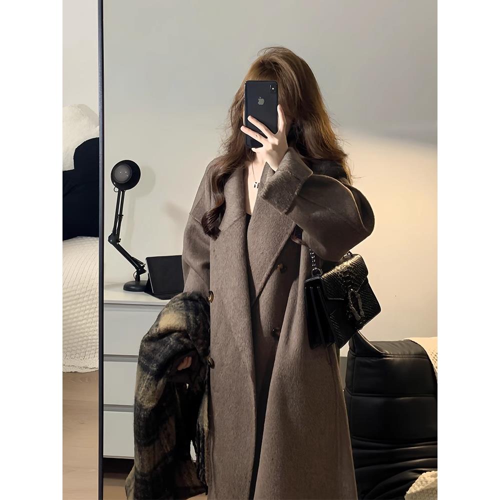 美拉德棕色双面羊绒大衣女2025新款中长款韩系宽松高级感羊毛外套