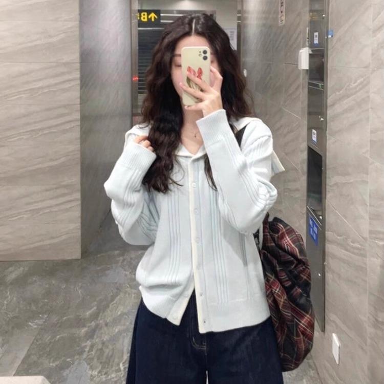 奶fufu软糯蓝色毛衣外套女韩系温柔风2025开春新款海军领针织上衣