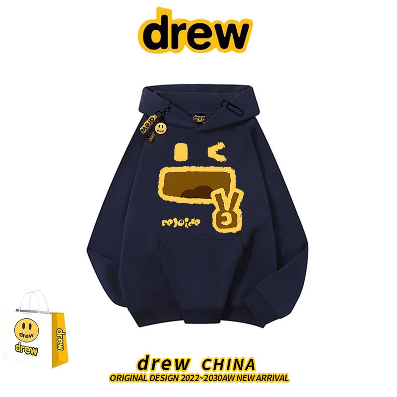 drew美式复古趣味连帽加绒卫衣男女潮牌休闲宽松秋冬情侣帽衫外套