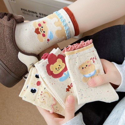 日系甜美双层花边堆堆袜个性点子纱学院风中筒袜爱心卡通小熊袜子