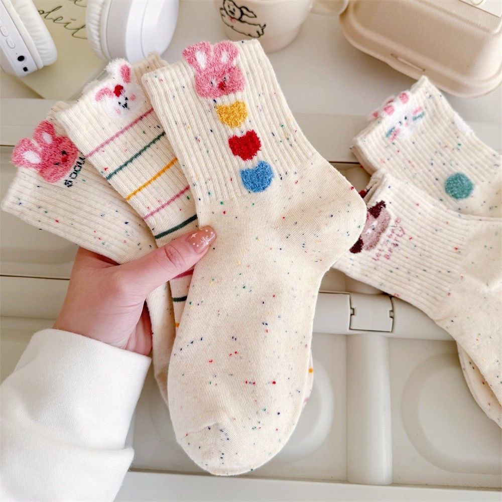 袜子女中筒秋冬韩版点子纱卡通ins潮百搭可爱卡通小兔学院风女袜