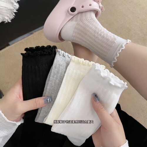 夏天薄款袜子女纯色镂空网眼中筒袜白色防臭透气少女花边堆堆袜子