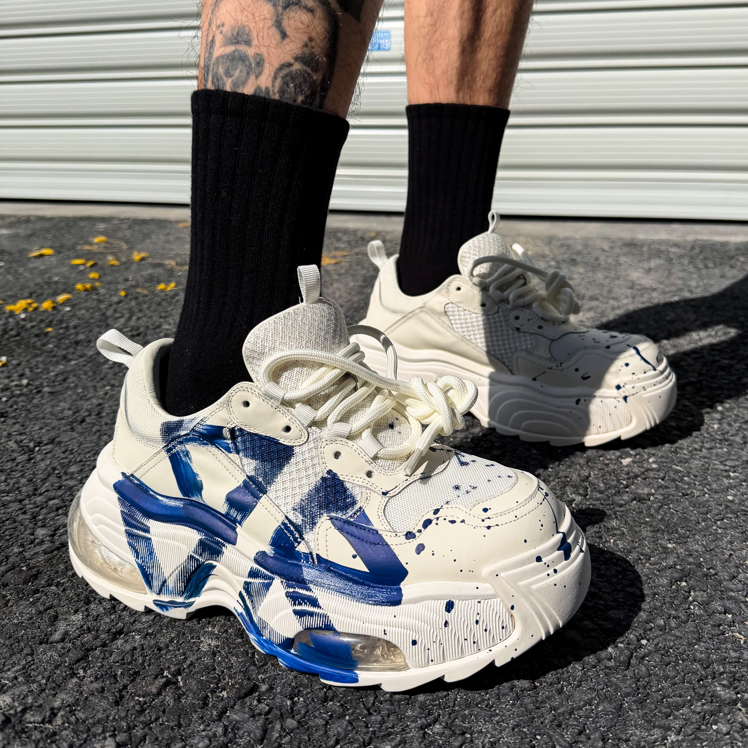 蓝色涂鸦复古老爹鞋男真皮气垫底