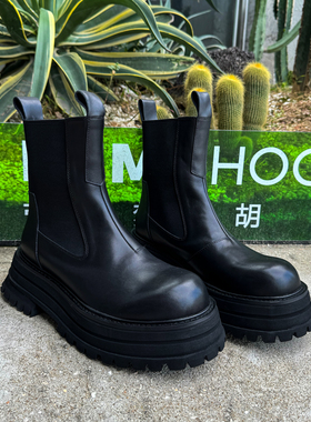 【帽子先森】霸气黑色中筒靴男增高厚底切尔西靴欧美真皮套筒靴潮
