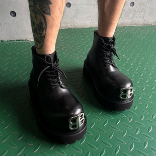 【帽子先森】燃了双B金属标牛皮靴子男黑色厚底高帮鞋欧货大头靴