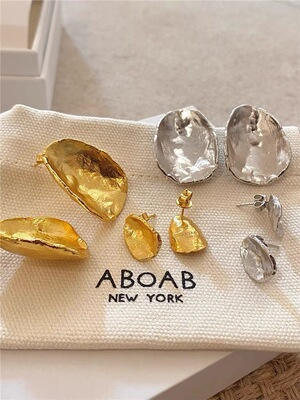 复古冷淡风金属质感耳钉女925银针ABOAB指印纹理小众抽象极简耳环
