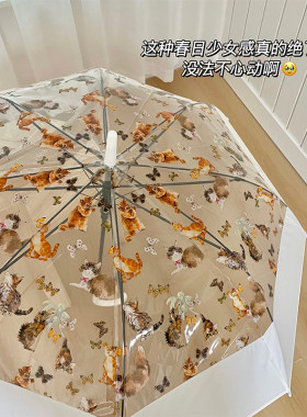 复古油画猫咪蝴蝶透明雨伞长柄伞
