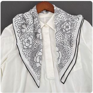 特价 小香风波点山茶100桑蚕丝双绉真丝丝巾春夏百搭65cm手工卷边