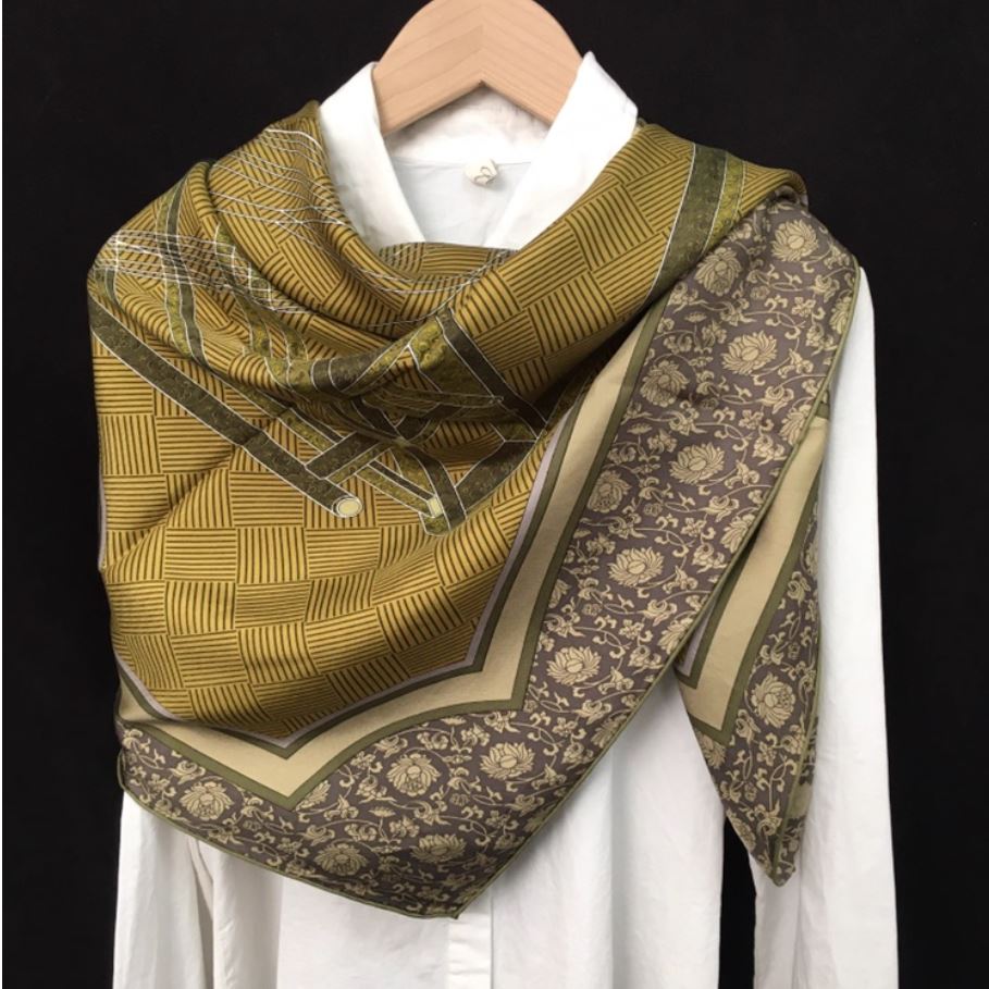 芥末色织布机100桑蚕丝16姆真丝斜纹砂洗大方巾110cm丝巾百搭披肩