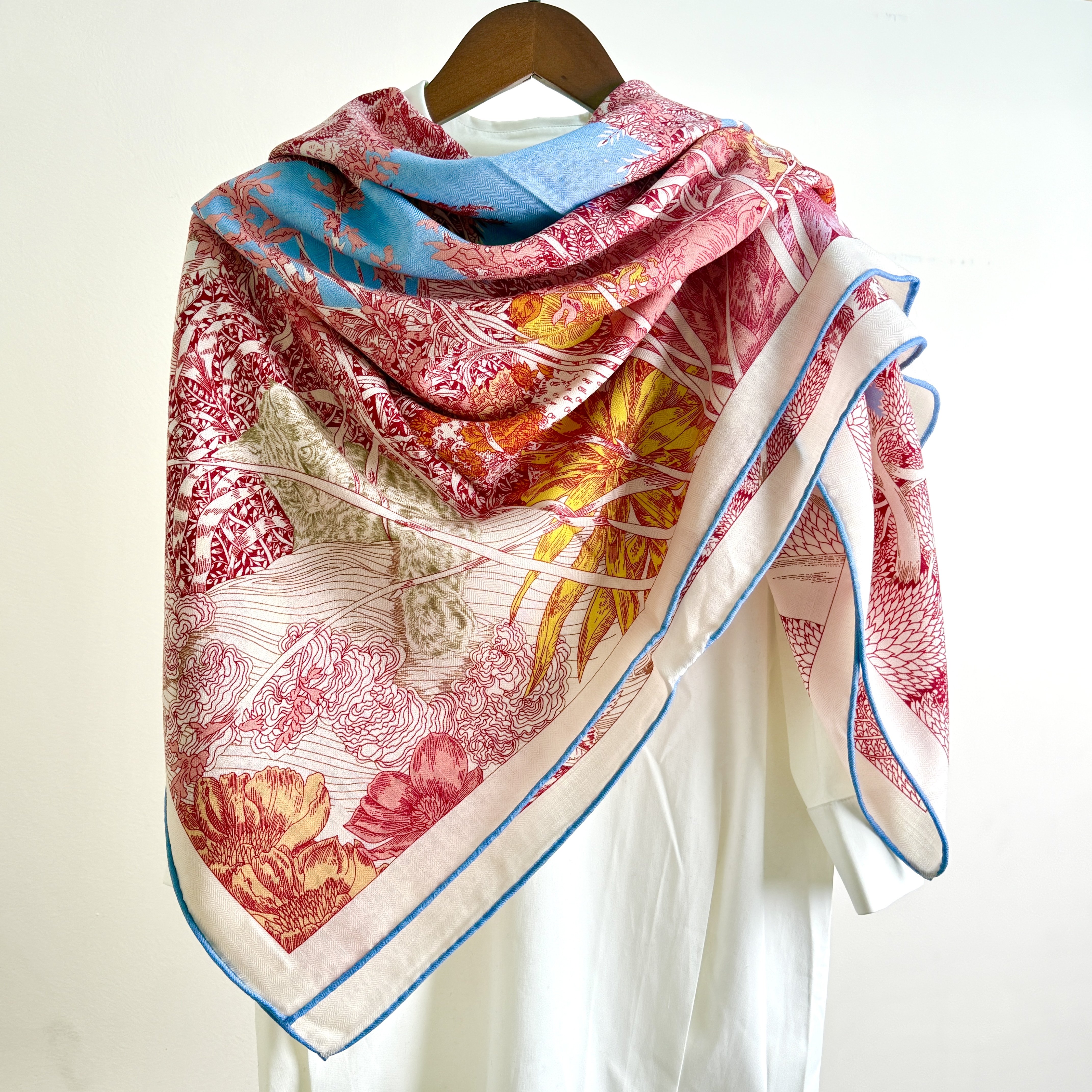 蓝边粉红色回归自然140cm丝毛大方巾时尚通勤围巾保暖百搭丝巾