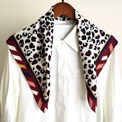 豹纹绮边100绵羊毛65cm方巾四季时尚百搭通勤丝巾披肩围巾