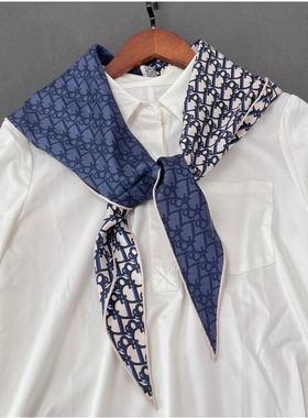 拼色D字母100桑蚕丝16姆粗斜纹真丝菱形巾经典百搭丝巾45*140cm