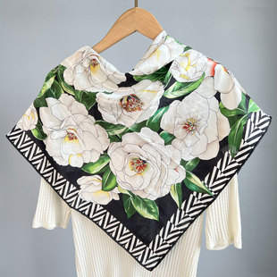 栀子花100桑蚕丝19姆米重磅真丝花萝中方巾65cm高档百搭小丝巾