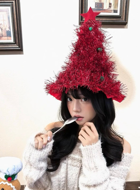 圣诞节红色氛围感圣诞帽女新年节日拍照道具装扮头饰派对聚会发饰