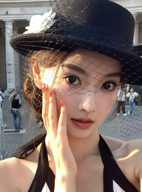 法式赫本风黑色山茶花网纱礼帽高级感气质复古英伦帽名媛风平顶帽