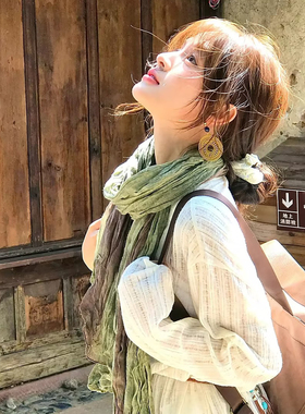森系复古民族风绿色渐变褶皱棉麻丝巾女春夏薄款百搭围巾外搭披肩