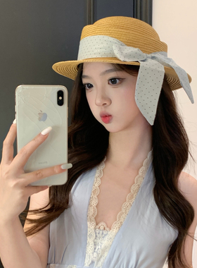 原创！法式波点蝴蝶结草帽女春夏季海边度假防晒遮阳渔夫帽子礼帽