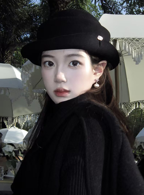 法式千金赫本风黑色毛呢礼帽女秋冬名媛风气质优雅渔夫帽贝雷帽子