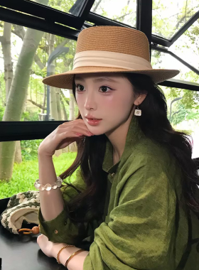 法式老钱风草编平顶草帽女夏季海边沙滩度假防晒遮阳帽子气质礼帽
