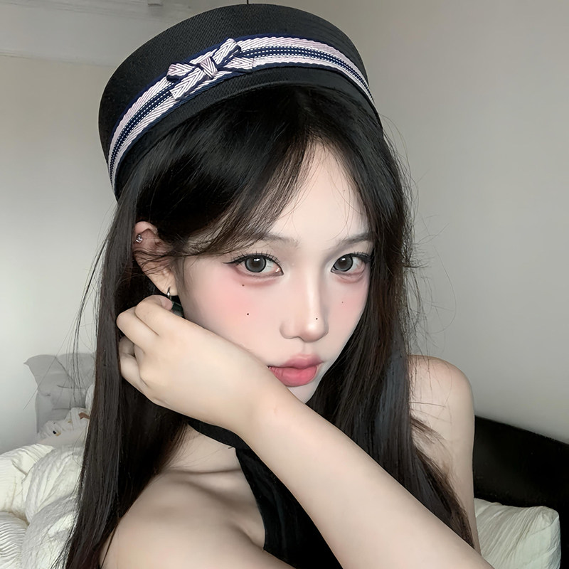 日系条纹蝴蝶结水手帽女jk甜美可爱护士帽cos翻檐海军风贝雷帽子