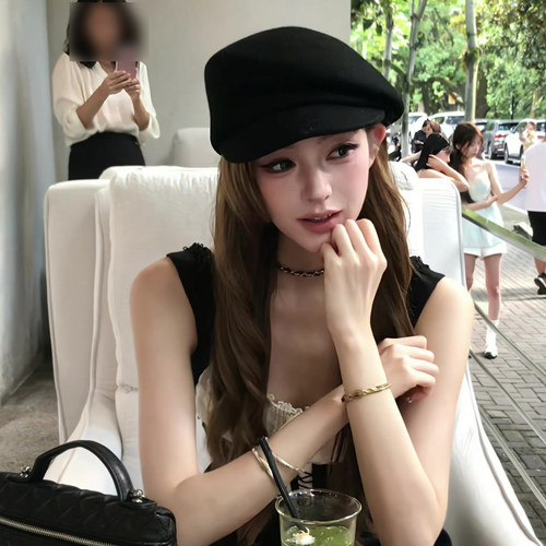 英伦风黑色羊毛报童帽子女画家帽