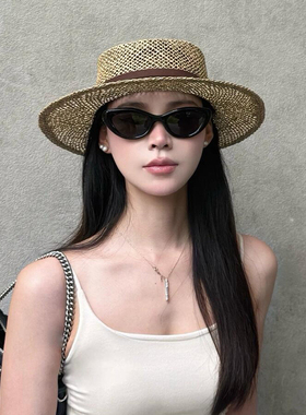 法式老钱风草编平顶镂空草帽女夏季沙滩度假防晒遮阳帽子气质礼帽