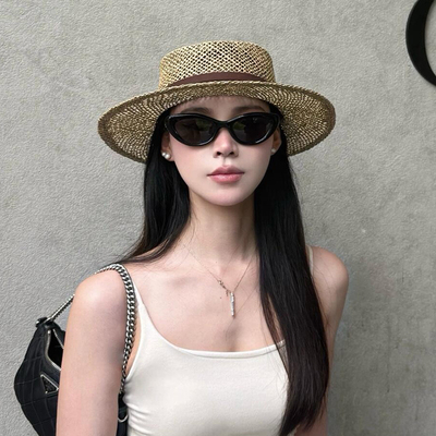 法式老钱风草编平顶镂空草帽女夏季沙滩度假防晒遮阳帽子气质礼帽