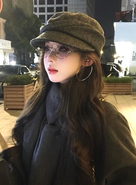 日系山本风黑色褶皱贝雷帽女秋冬显脸小报童帽大头围百搭画家帽子