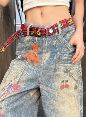 y2k多巴胺花朵红色格纹腰带女个性甜酷辣妹风牛仔裤皮带配饰腰封